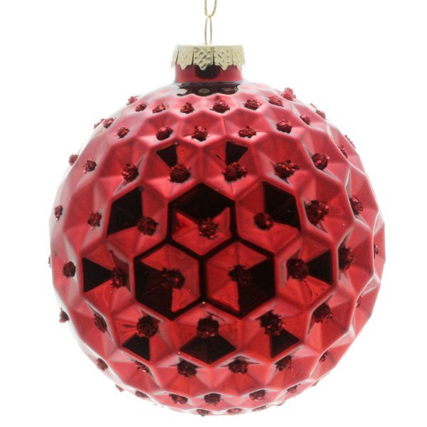 Χριστουγεννιάτικη Γυάλινη Κόκκινη Μπάλα με Ανάγλυφα Εξάγωνα (10cm)
